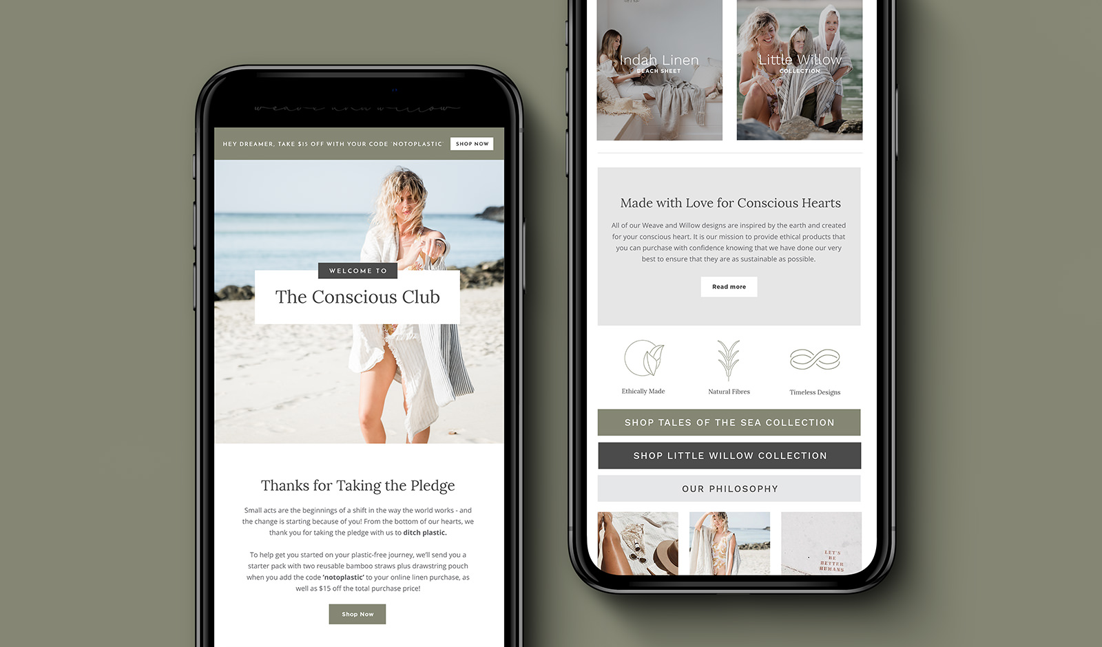 Email marketing design for linen company on two mobile phones