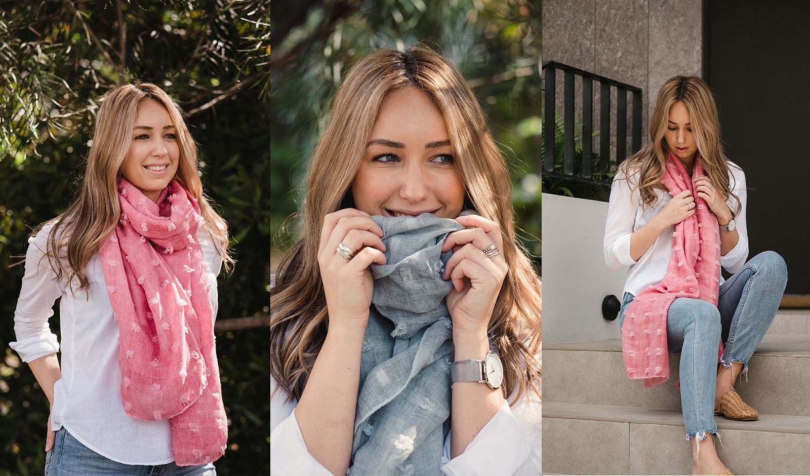 A collage of a fashion photoshoot. A woman is wearing scarves.