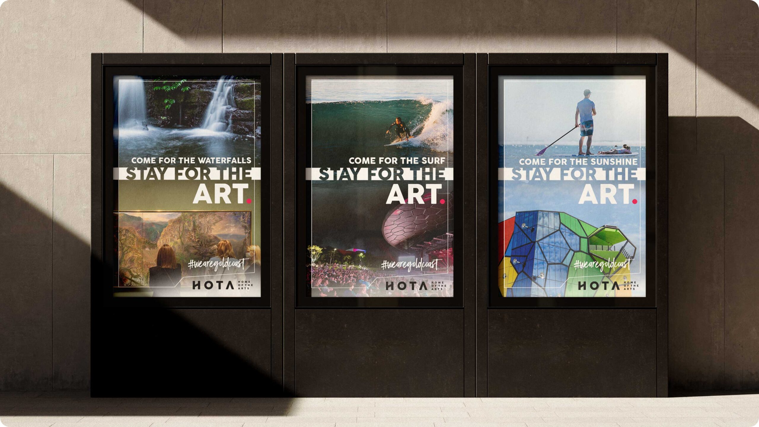 HOTA poster designs in three adshels side by side