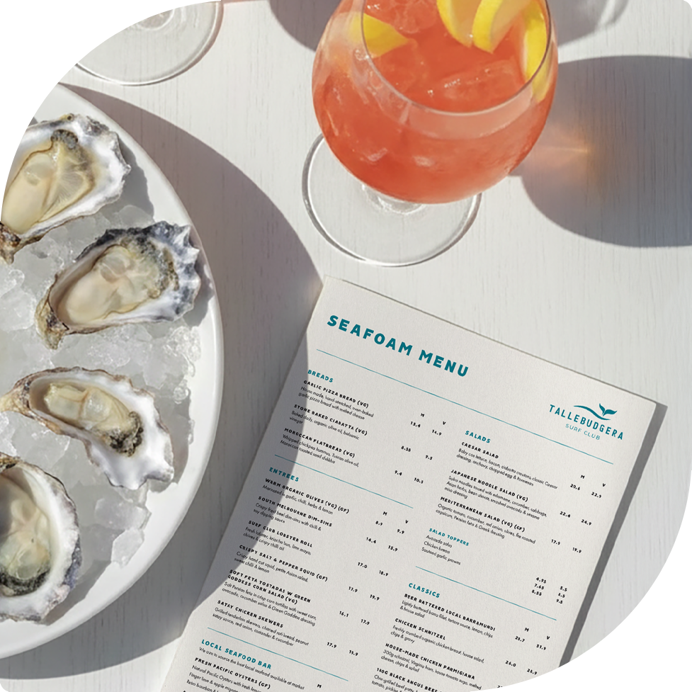 image of oysters, Tallebudgera surf club menu, and beverage on table