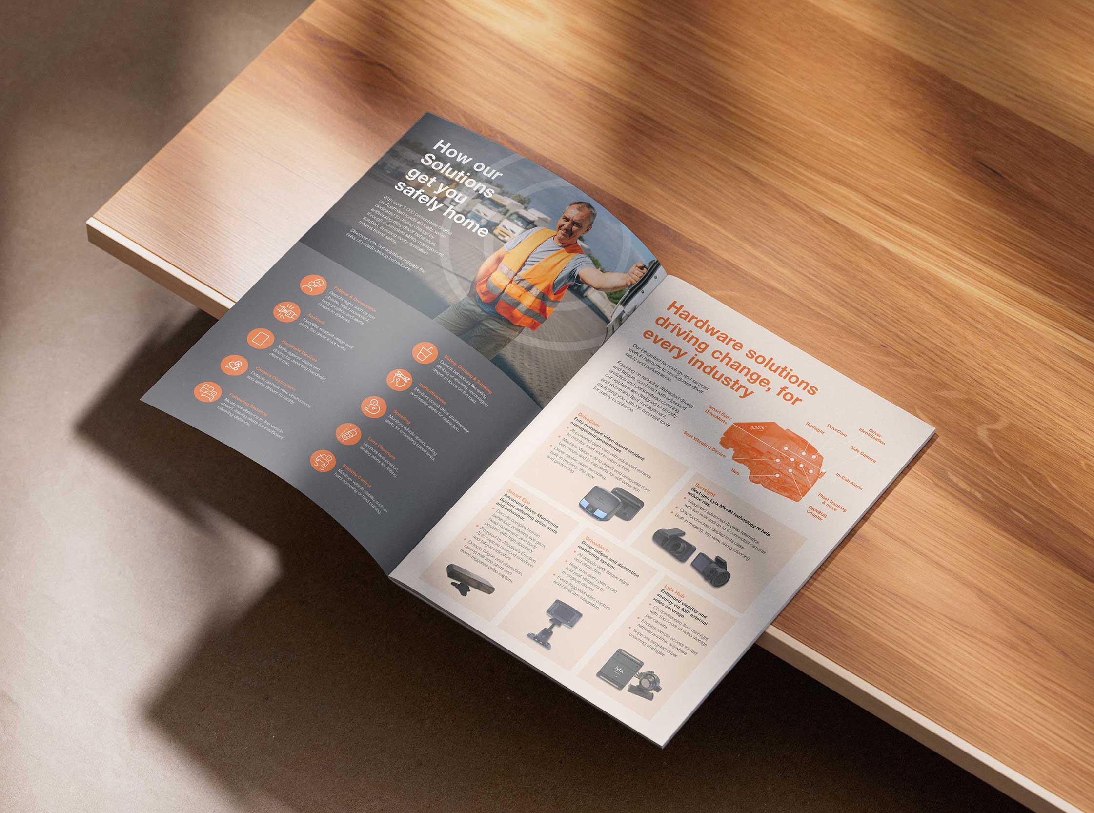 An open brochure on a wooden table displays safety workwear information on the left page and hardware solutions with product images and an orange map on the right page. Bright lighting highlights the pages.